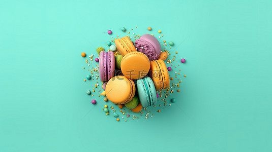 巧克力蛋糕蛋糕背景图片_绿松石背景上蛋糕马卡龙或蛋白杏仁饼干的生动 3D 渲染