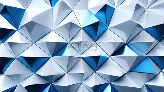 蓝色和白色背景中的 3D 渲染三角形设计