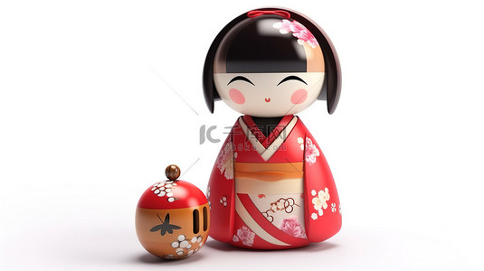孤立的白色背景令人惊叹的 3D 日本 Kokeshi 娃娃描绘女性角色