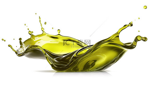 溅橄榄油和发动机油隔离在白色背景 3D 插图与剪切路径