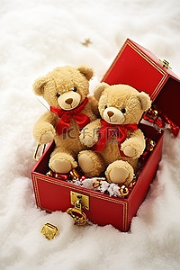 金雪背景图片_泰迪熊放在深雪中的金盒子上