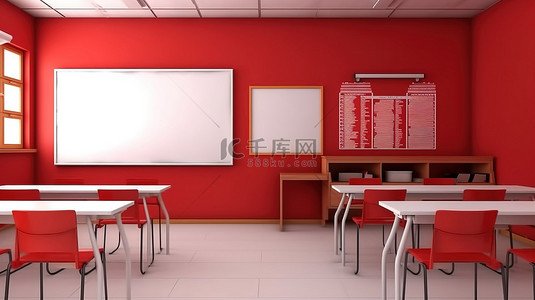 白板教室背景图片_教室里有 3D 渲染的白板，映衬着充满活力的红墙