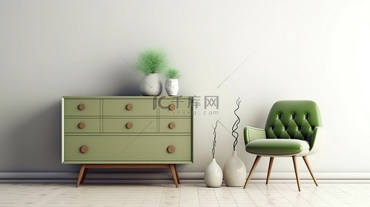 木地板白墙绿色椅子抽屉柜和书的 3d 渲染