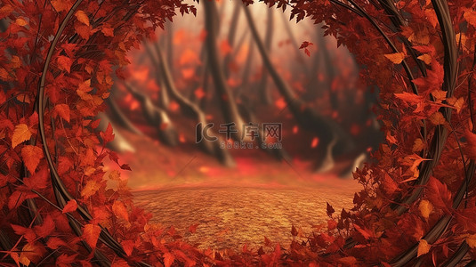 秋季购物海报背景图片_带有秋叶的背景框架的 3D 渲染插图