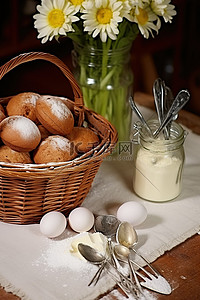 鸡蛋篮子背景图片_桌上放着一个装有松饼鸡蛋和平底锅的篮子