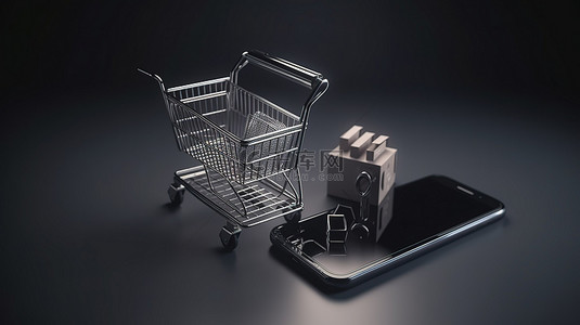 手机店铺背景图片_在线购物车货币和手机的数字购物 3D 渲染