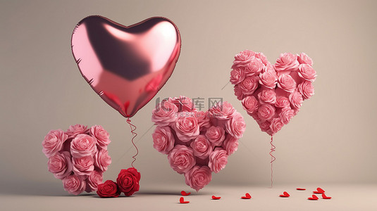 玫瑰气球背景图片_3d 渲染中的心形气球和粉红玫瑰