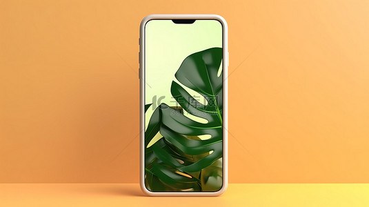 绿色电脑背景背景图片_龟背竹叶与智能手机模型的 3D 渲染