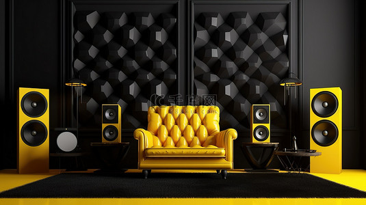 系统框背景图片_现代黑色和黄色扶手椅，配有扬声器系统和框架，采用时尚的室内 3D 插图