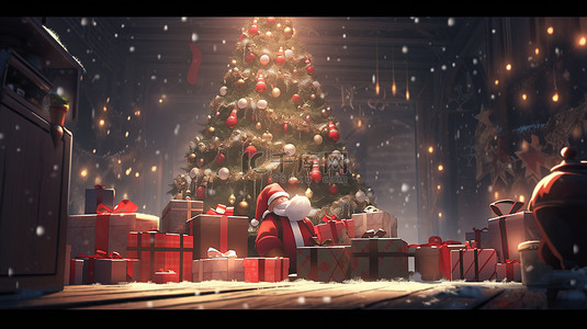 卡通礼品盒背景图片_圣诞树上装饰着圣诞装饰品，圣诞老人在礼品盒仙境中的 3d 渲染