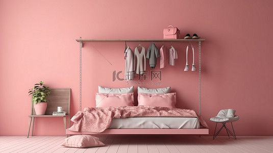 女性粉色房间，配有挂衣服和床 3D 渲染复制空间模板