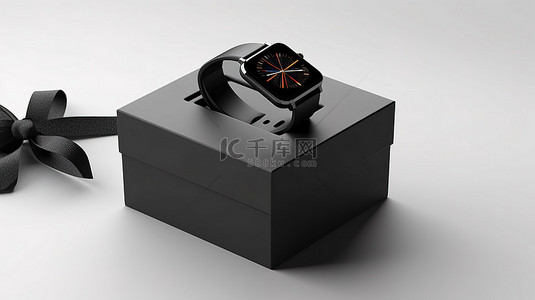 时尚的黑色智能手表和表带，在白色背景 3D 渲染上显示有优雅的礼品盒