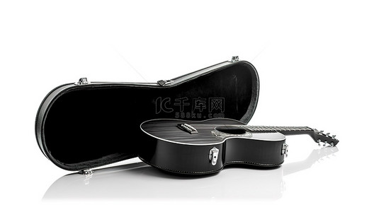 白色背景上用于原声吉他的黑色皮革硬壳的 3d 渲染