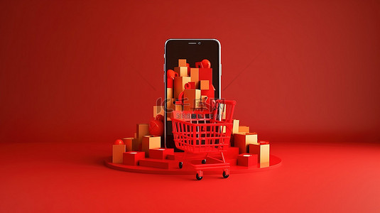 特卖优惠背景图片_史诗般的黑色星期五优惠商店配有智能手机篮，并以 3D 渲染风格为假期做好准备