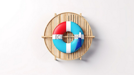 木板上海滩主题设置的顶视图 3d 渲染，白色背景上有蓝色躺椅沙滩球和救生圈