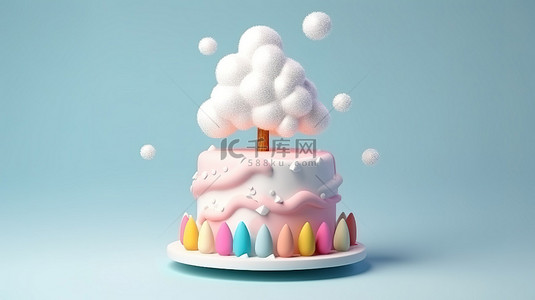 白云横幅背景图片_微妙的节日简单的圣诞节和生日蛋糕与蓬松的白云洒 3D 礼品卡
