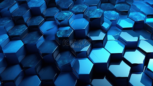 3d 蓝色抽象六边形背景图案的渲染插图