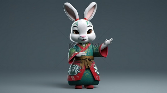 传统服装背景图片_3D 渲染中穿着中国传统服装的卡通兔子的插图，带有友好的问候手势