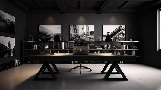 现代办公室内部的 3D 渲染，深色办公桌上配有时尚的计算机和设备