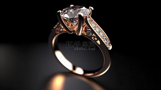 光滑的钻石戒指在 3D 渲染的宽镜头中展示在黑色背景上