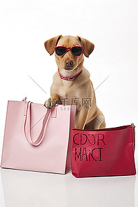 英语可爱背景图片_戴着眼镜的狗坐在购物袋旁边的白色背景