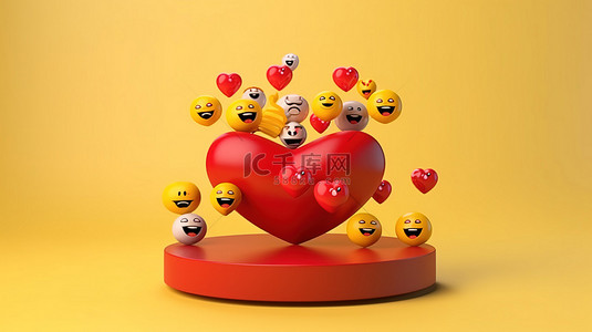 拥抱標誌背景图片_3d 心脏表情符号的讲台与浮动背景中的爱情气球表情符号