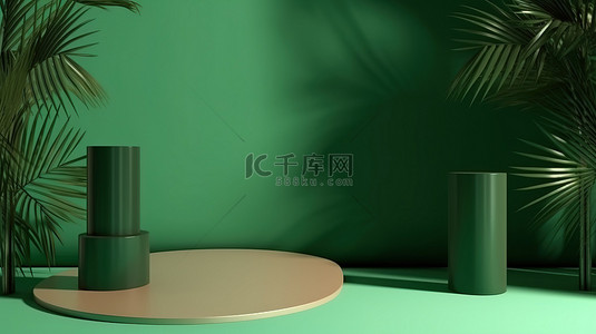 绿色棕榈阴影背景，具有用于产品 3D 场景的抽象圆柱讲台