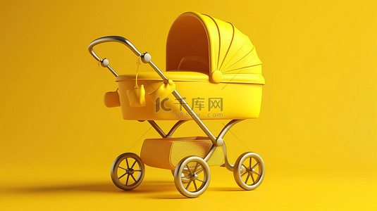 时尚的黄色婴儿车婴儿车婴儿车模型在充满活力的背景 3D 渲染上采用双色调风格