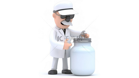 卫生消毒背景图片_医生卡通人物在 3d 渲染中持有白色背景上的分配器罐