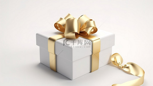 白色礼品盒的真实 3D 渲染，白色背景上饰有金色丝带蝴蝶结