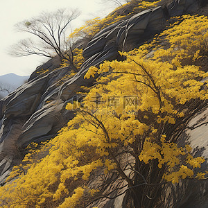 黄色的花灌木在山坡上