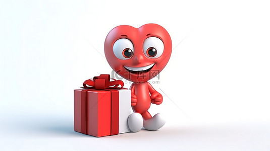 白色背景上拿着礼品盒和丝带的红心吉祥物的 3D 渲染