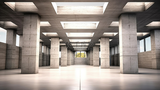 混凝土建筑内部视图的 3d 渲染