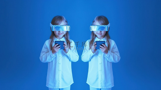 戴着 3D 眼镜的快乐姐妹二人组在蓝色背景下用智能手机捕捉瞬间