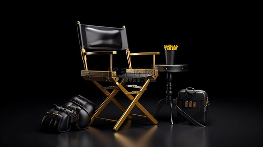 黑色椅子背景图片_电影制作要点电影导演椅拍板和扩音器在 3D 渲染中光滑的黑色背景下