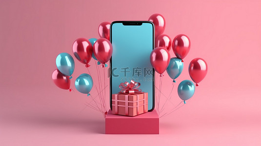 物流手机购物背景图片_3D渲染智能手机浮动礼品盒和带有气球的购物袋象征网上购物概念