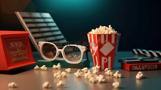 3D 影院必需品拍板板爆米花和眼镜