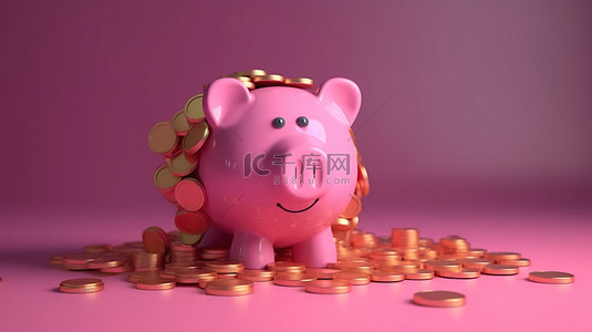 金币堆积在 3d 渲染的粉红色存钱罐中，代表购物储蓄