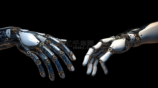 手势指着你背景图片_两只人造手在触摸边缘的未来派 3D 艺术品
