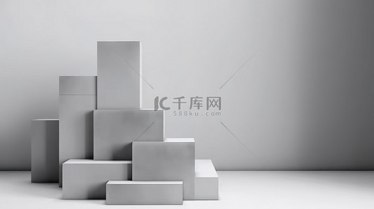 用于产品摄影的简约 3D 背景，带有灰色抽象方块和讲台展示