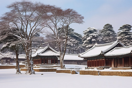 冬天古建筑背景图片_三座传统建筑被雪衬托