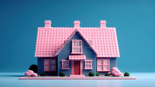 蓝色背景的时尚双色调粉红砖家庭小屋的 3D 渲染