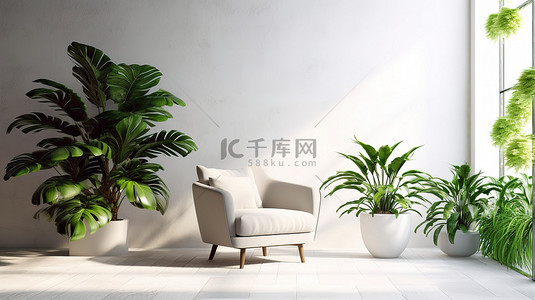 当代热带装饰白色内饰，配有灰色扶手椅和白色墙壁上的植物 3D 插图