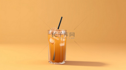 米色背景上放置稻草的玻璃杯中的冰冷茶点 3D 渲染图像