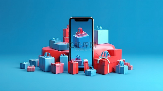 电子商务购物袋和智能手机在蓝色背景上的真实 3D 渲染描绘在线购物概念