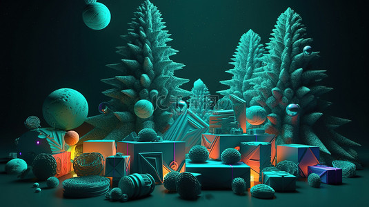 节日爆炸圣诞节和新年概念的 3D 渲染，包括充满活力的树木闪闪发光的礼品盒和俏皮的玩具