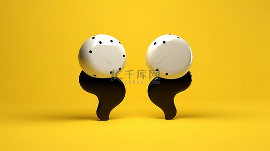 黄色背景的 3D 渲染插图，带有两个黑白语音气泡符号，用于评论或谈话