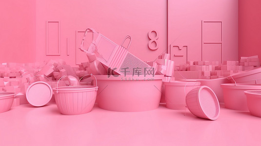 一组 3D 渲染的粉红色促销图标，正面透视背景上带有优惠券销售符号