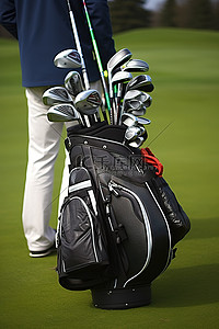 一名男子携带高尔夫球袋和高尔夫球杆