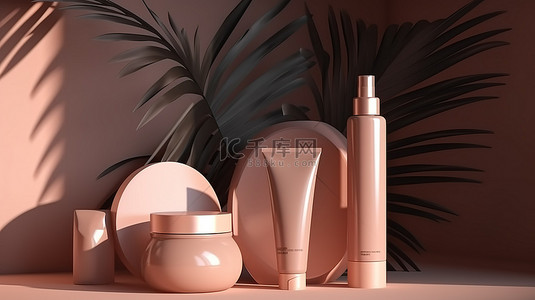 包装瓶展示样机背景图片_逼真的 3D 渲染展示带有棕榈叶阴影的化妆品，用于头发或皮肤护理